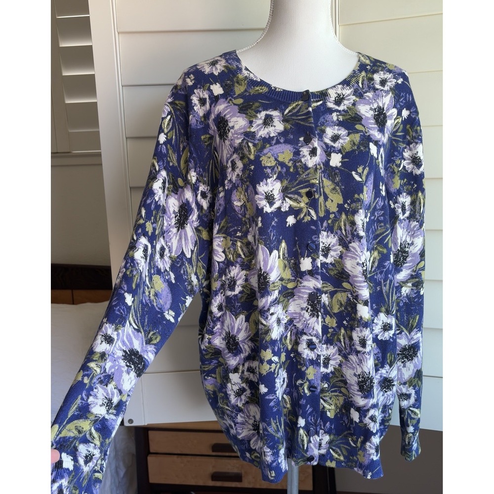 Talbots Plus Cardigan‎ Women Plus 3X Purple Floral 100% Cotton CottageCore